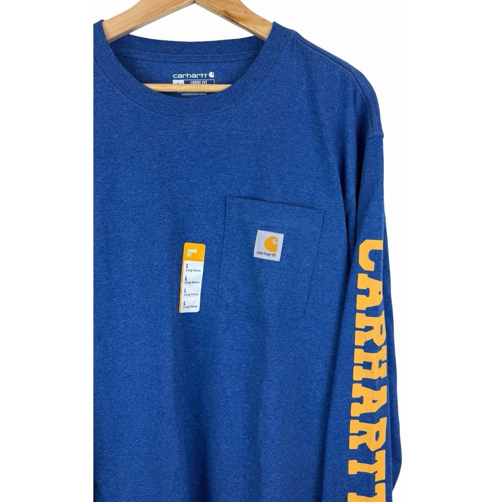 Carhartt Men's Blue T-Shirt Size Large Loose Fit Heavyweight Long-Sleeve Logo